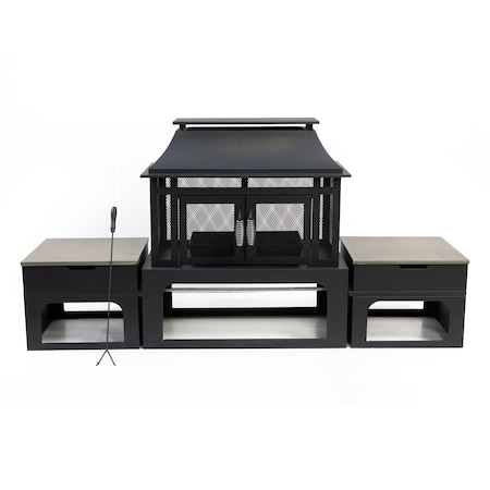 Deko Living 70 Inch Rectangular Outdoor Steel Woodburning Fireplace w/ Log Storage Compartment, Side Tables COB10513
